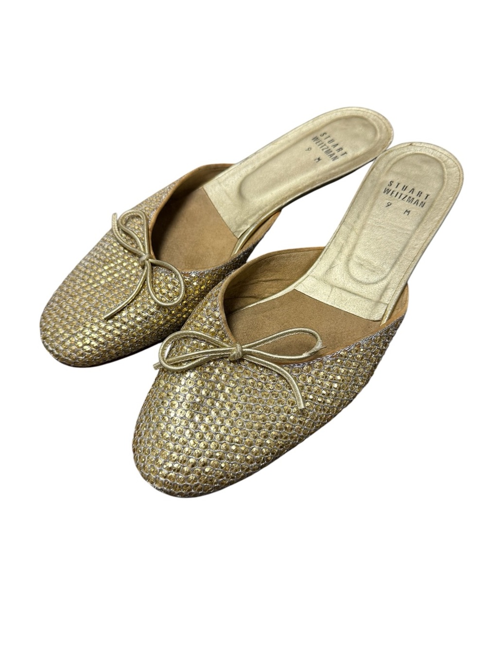 Stuart Weitzman Slip On Backless Mules Round Toe Womens Shoes Flats Gold 9